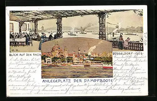 AK Düsseldorf, Ausstellung 1902 - Blick auf den Rhein, Anlegeplatz der Dampfboote