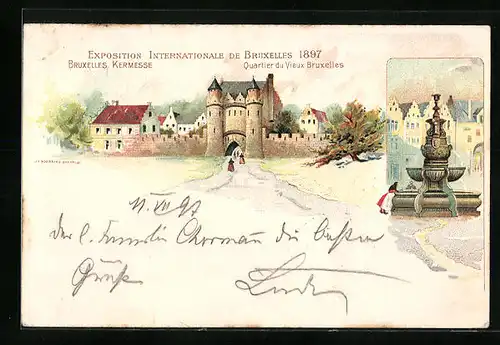 Lithographie Bruxelles, Exposition Internationele de Bruxelles 1897 - Kermesse, Quartier du Vieux Bruxelles