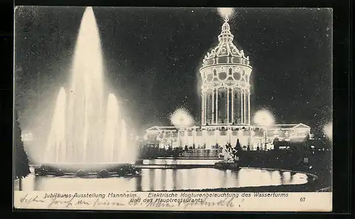 AK Mannheim, Internat. Kunst- und Grosse Gartenbau-Ausstellung 1907 - Elektrische Konturenbeleuchtund des Wasserturms