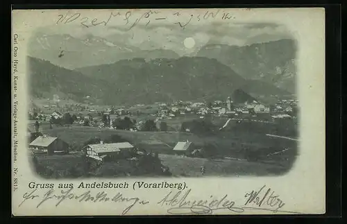 Mondschein-AK Andelsbuch, Ortsansicht aus der Vogelschau