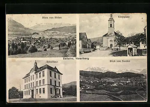 AK Satteins, Kirchplatz, Schulhaus, Blick von Süden und Norden