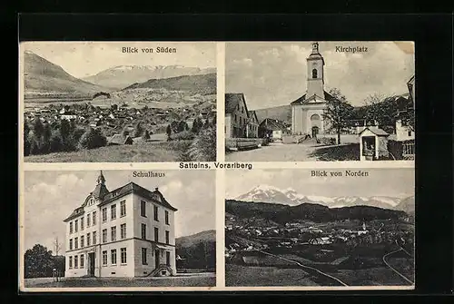AK Satteins, Ortsansichten, Kirchplatz und Schulhaus
