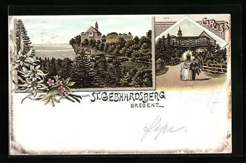 Lithographie Bregenz, Gasthof auf dem St. Gebhardsberg