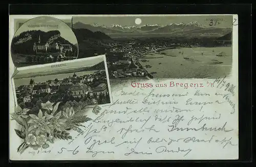 Mondschein-Lithographie Bregenz a. B., Panorama, Kloster Riedenburg