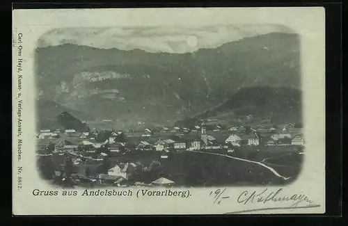 Mondschein-AK Andelsbuch, Ortsansicht gegen Berge