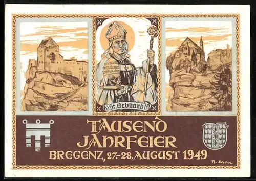 Künstler-AK Bregenz, Tausend Jahrfeier 1949, St. Gebhard, Burg, Kirche
