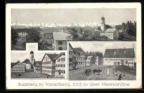 AK Sulzberg, Teilansicht mit Kirche, Platz mit Brunnen, Ortspartie