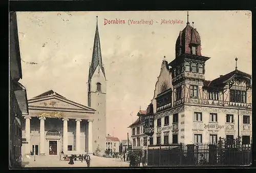 AK Dornbirn, Marktplatz mit Johann Luger-Haus und Kirche