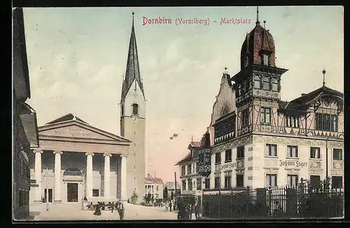AK Dornbirn, Marktplatz mit Johann Luger-Haus und Kirche