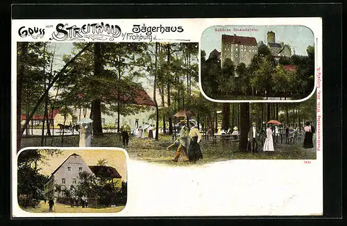 AK Streitwald b. Frohburg, Gasthaus Jägerhaus mit Schloss Gnandstein