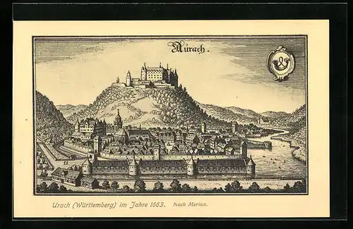 Künstler-AK Urach i. Württemberg, Ortsansicht im Jahre 1663 nach Merian
