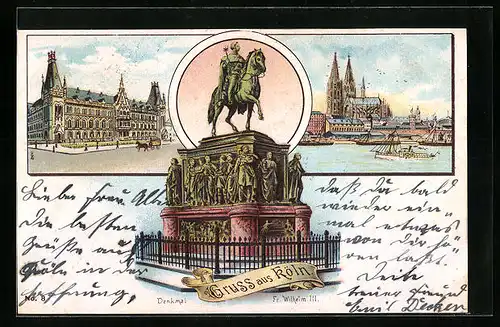Lithographie Köln, Totalansicht mit Denkmal Fr. Wilhelm III.