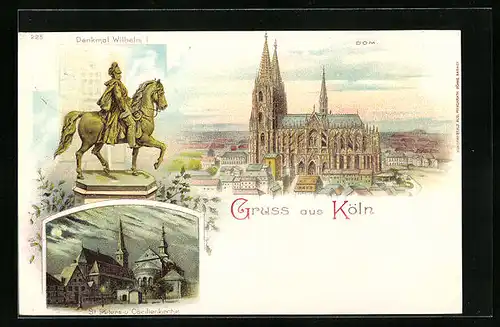 Lithographie Köln, Dom und Denkmal Wilhelm I.