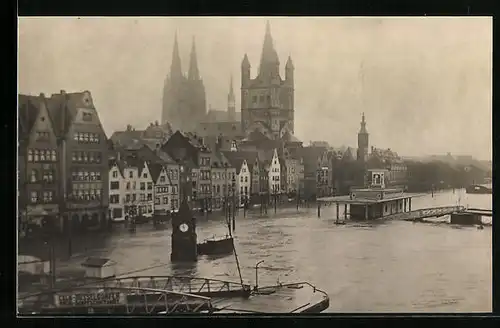 AK Köln, Stadtansicht mit Rheinhochwasser
