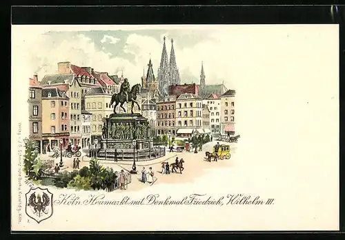 Lithographie Köln, Heumarkt mit Denkmal Friedrich, Wilhelm III.