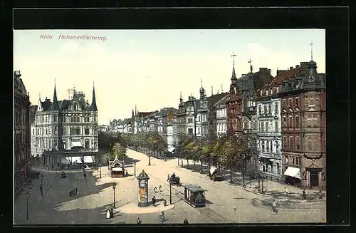 AK Köln-Neustadt, Hohenzollernring mit Litfasssäule und Strassenbahn