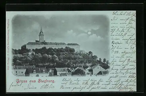 Mondschein-AK Siegburg, Ortsansicht mit Schloss