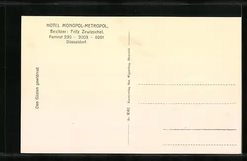 AK Düsseldorf, Hotel Monopol-Metropol, Wein- und Bierrestaurant