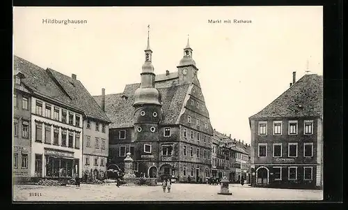 AK Hildburghausen, Markt mit Geschäften und Rathaus