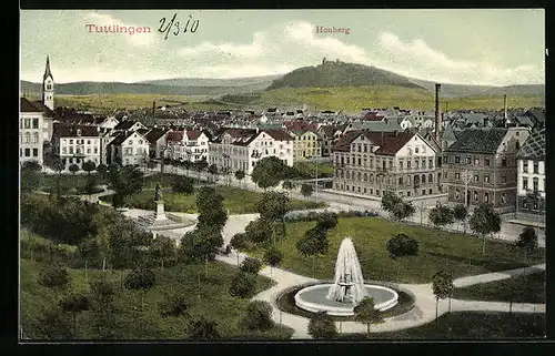 AK Tuttlingen, Teilansicht mit Honberg und Denkmal