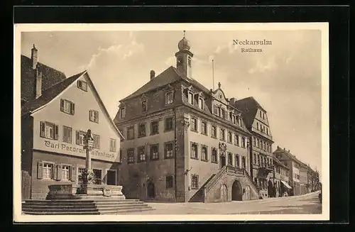 AK Neckarsulm, Strassenpartie mit Seifenfabrik und Rathaus