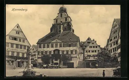 AK Herrenberg, Platz mit Gasthaus der Gebrüder Stöffler und Brunnen