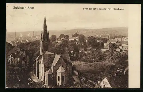 AK Sulzbach /Saar, Ev. Kirche mit Pfarrhaus aus der Vogelschau