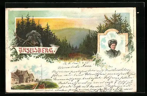 Lithographie Inselsberg, Gothaer Gasthof, Waldpartie mit Auerhahn