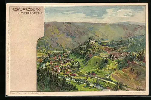 Künstler-AK Schwarzburg, Ortsansicht vom Trippstein aus