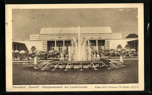AK Grosse Ausstellung Düsseldorf 1926, Hauptrestaurant mit Leuchtfontäne