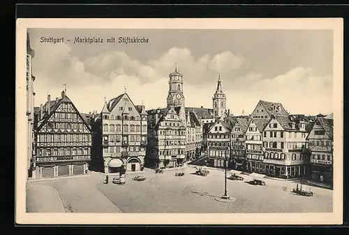 AK Stuttgart, Blick auf den Marktplatz mit Stiftskirche