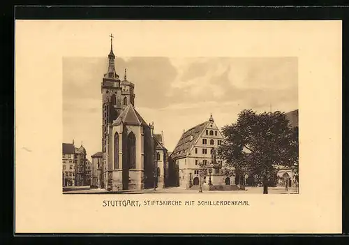 AK Stuttgart, Stiftskirche mit Schillerdenkmal