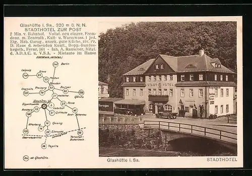 AK Glashütte /Sa., Stadthotel zur Post mit Strasse und Brücke, Lageplan des Ortes