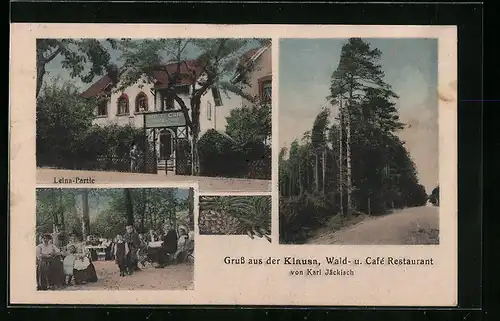 AK Altenburg /S.-A., Leina-Partie, Wald- und Cafe Restaurant Klausa - Gebäude und Garten mit Gästen