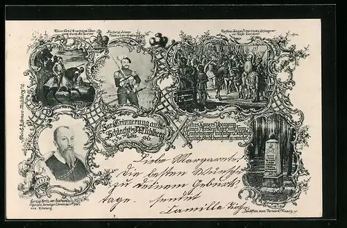 Passepartout-AK Mühlberg /Elbe, Festpostkarte Schlacht bei Mühlberg 1547 mit Darstellungen historischer Szenen
