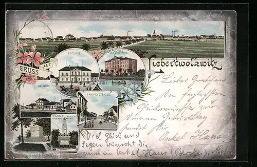 Lithographie Liebertwolkwitz, Panorama vom Wachauer Denkmal, Bahnhof, Schule mit Angerteich
