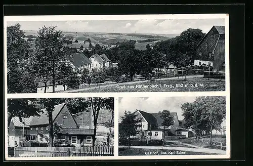 AK Röthenbach bei Dippoldiswalde /Erzgeb., Panorama des Ortes, Landheim und Gasthof Karl Eckert
