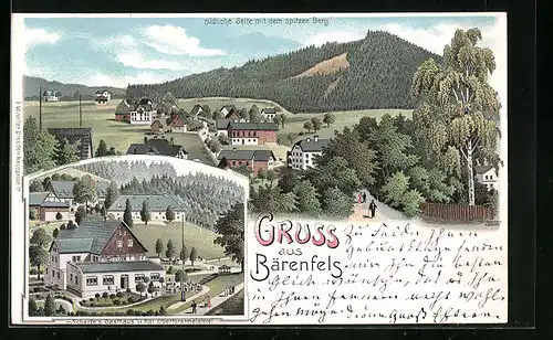 Lithographie Bärenfels, Ortsansicht mit dem spitzen Berg, Scharfes Gasthaus und Oberforstmeierei