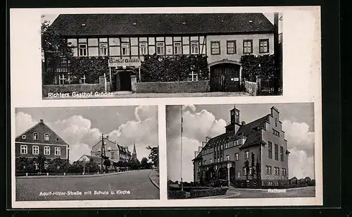 AK Gröditz, Richters Gasthof von der Strasse gesehen, Rathaus und Strasse mit Schule und Kirche