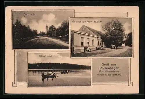 Passepartout-AK Stolzenhagen /Kr. Niederbarnim, Gasthof Albert Rücker, Dorfstrasse und Seeansicht