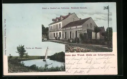 AK Wend. Rietz am Scharmützelsee, Hotel und Gasthof zur Schleuse, Partie am Wasser