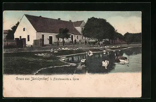 AK Jänickendorf b. Fürstenwalde, Uferpartie mit Pferdewagen