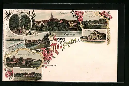 Lithographie Neustadt a. Rbg., Bahnhof, Landrathsamt, Kleine Brücke