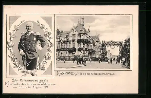 AK Heimkehr des Oberbefehlshabers Grafen von Waldersee aus China 1901, Hannover, Villa a. d. Hohenzollernstrasse