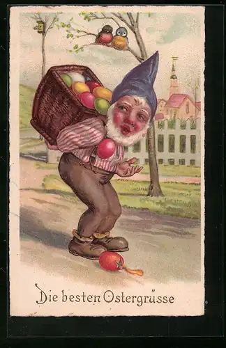 Künstler-AK Ostergrüsse, Zwerg mit Ostereiern