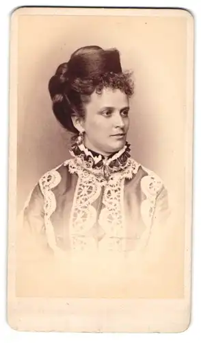 Fotografie Erwin Hanfstaengl, Stuttgart, junge Frau im bestickten Kleid mit hochgesteckten Haaren und Locken