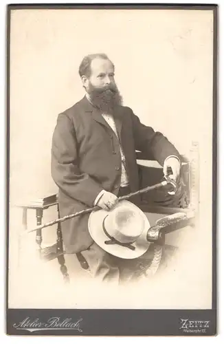 Fotografie Atelier Bellach, Zeitz, Herr im Anzug mit buschigem Vollbart samt Stock und Hut, 1904