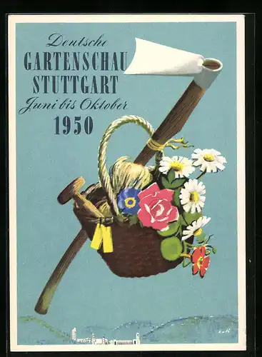 Künstler-AK Stuttgart, Deutsche Gartenschau 1950, Korb mit Blumen und Hacke