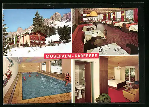 AK Karersee, Alpengasthof Moseralm im Schnee, Innenansichten