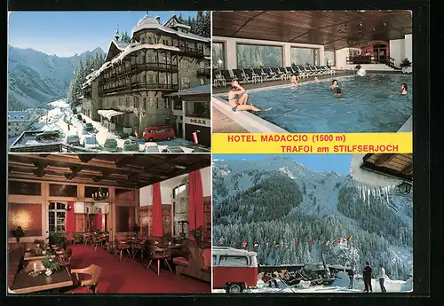 AK Trafoi am Stilfserjoch, Hotel Madaccio im Schnee, Innenansichten Hallenbad und Aufenthaltsraum